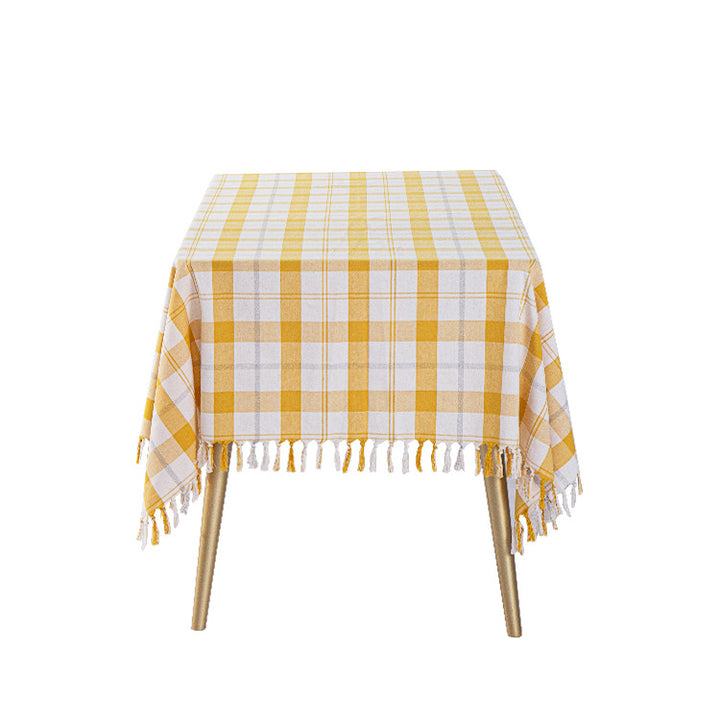 Rectangular checked cotton tablecloth with decorative fringes and light linen finish Stornfield