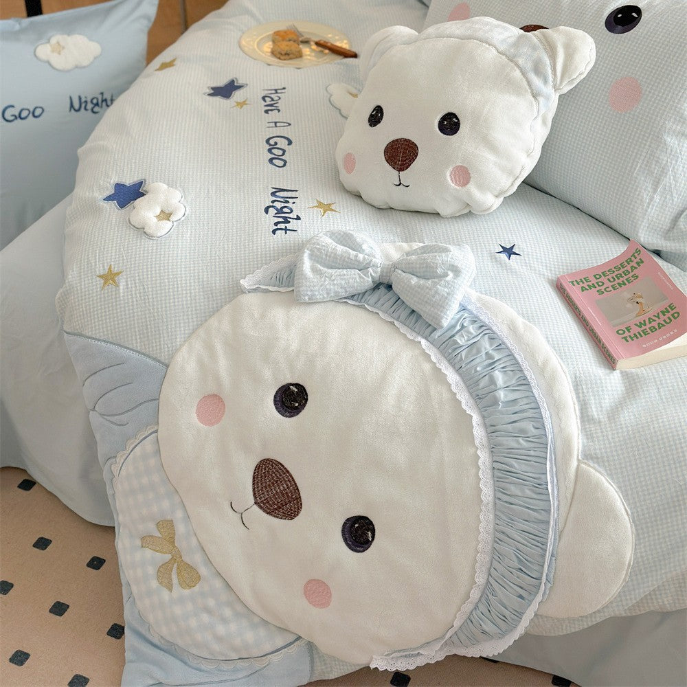 Children's Cotton-Blend Bear Embroidered Duvet Cover Bedding Set