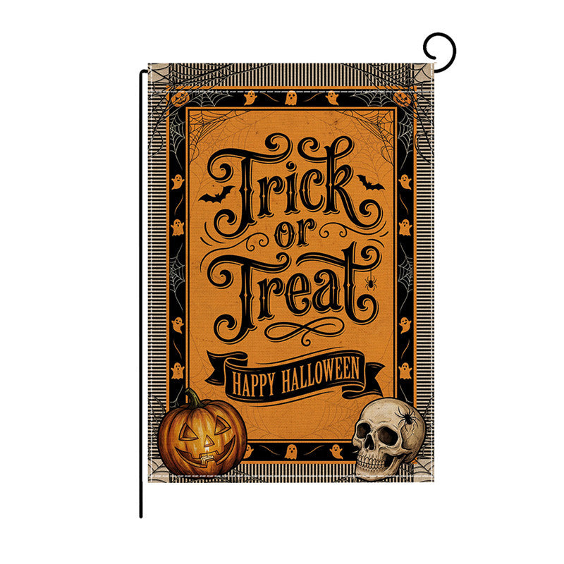 Outdoor Halloween Garden Flag Double-Sided Polyester Yard Banner with Skeleton and Jack-o'-Lantern Illustration