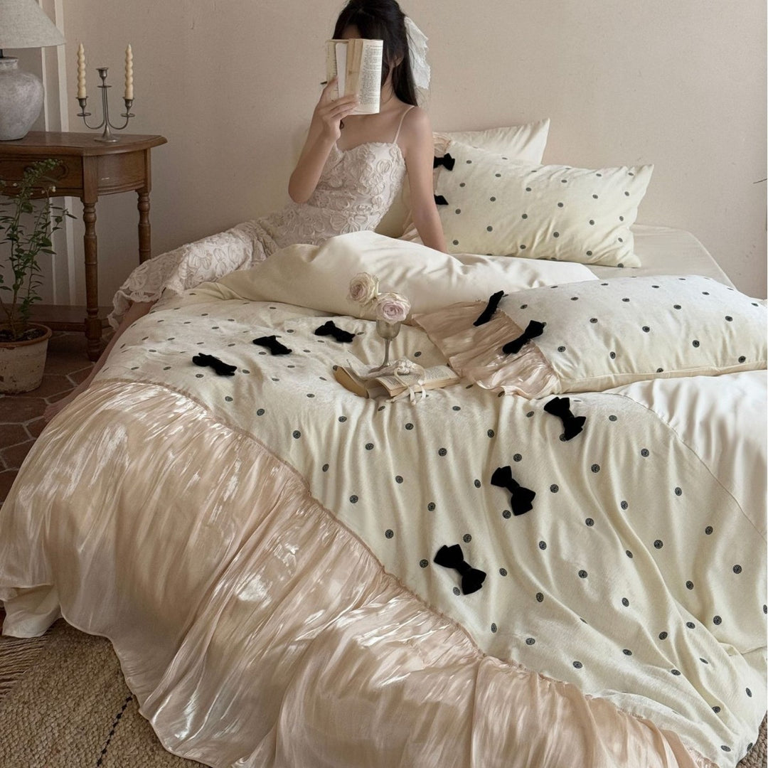 Silky Ruffled Polka Dot Duvet Cover Set with Velvet Bow Accents