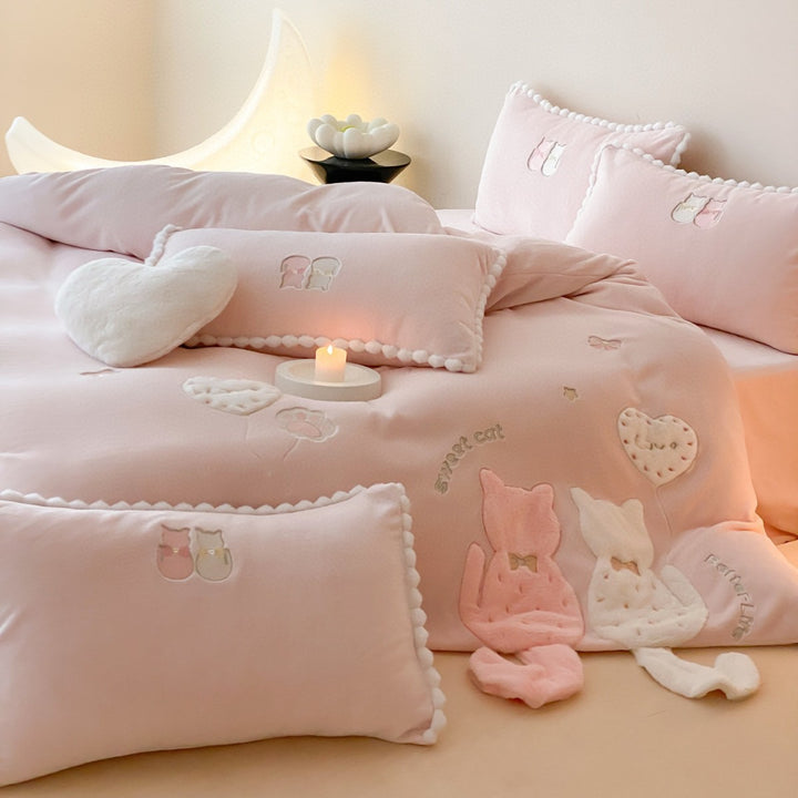 Plush Embroidered Cat Appliqué Duvet Cover Set with Pom-Pom Trim and Heart Throw Pillow