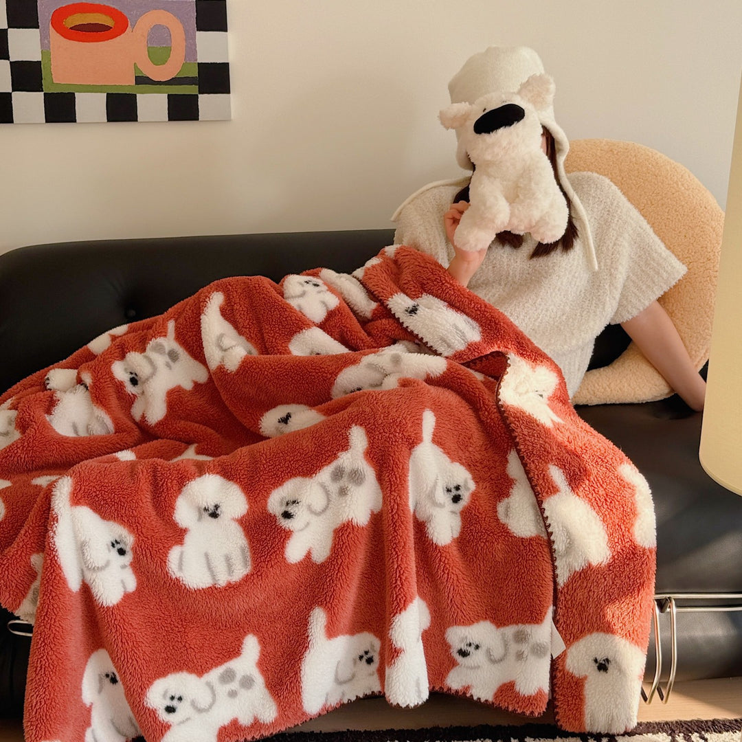 Plush Sherpa Fleece Throw Blanket with Cartoon Dog Motif