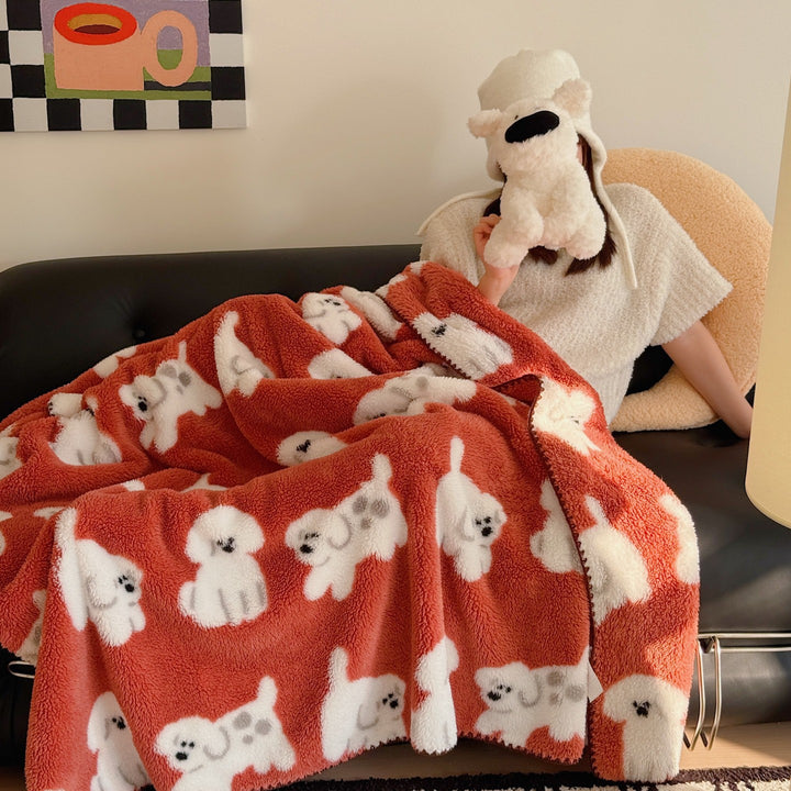 Plush Sherpa Fleece Throw Blanket with Cartoon Dog Motif