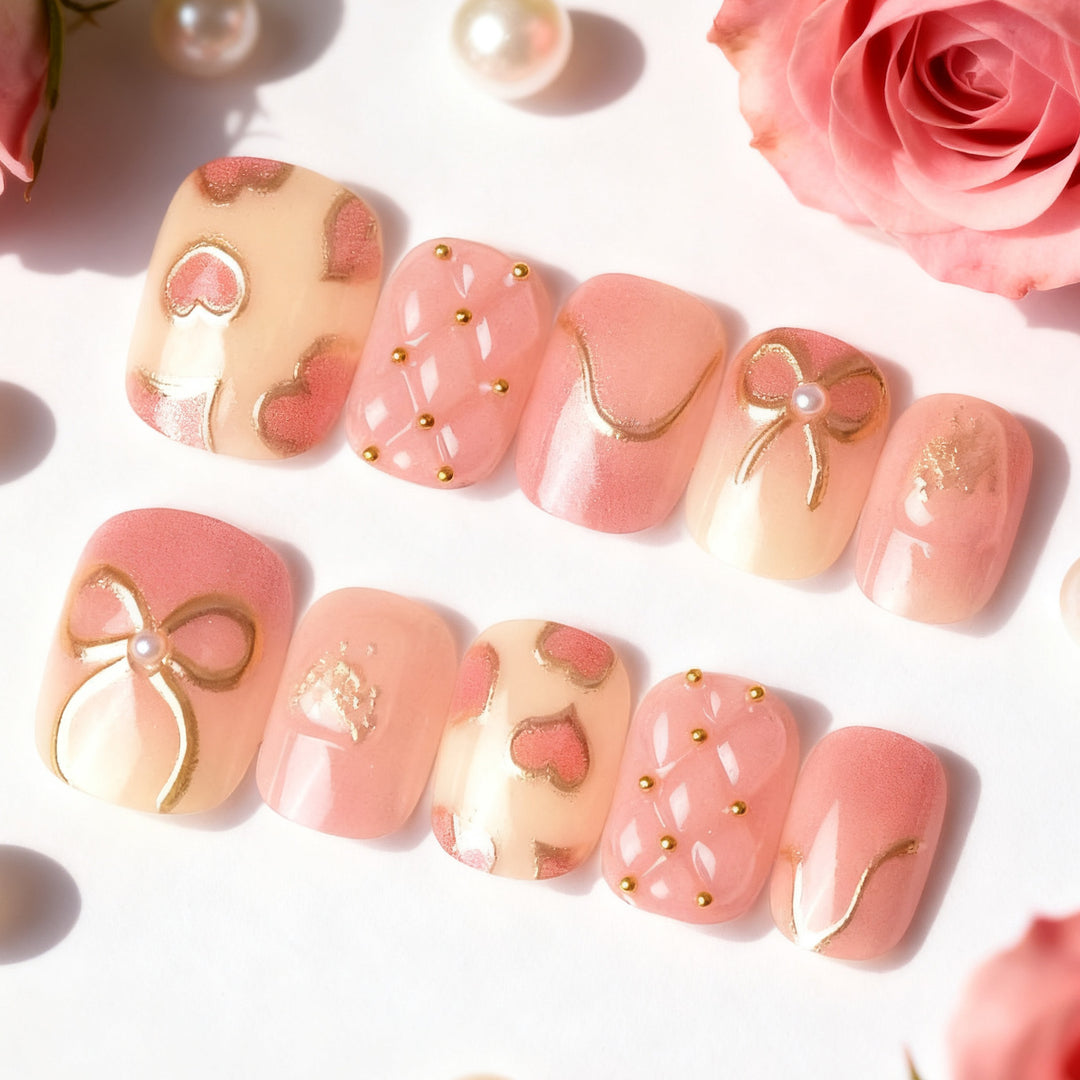 Elegant Heart and Ribbon-Themed Press-On Nail Set Stornfield