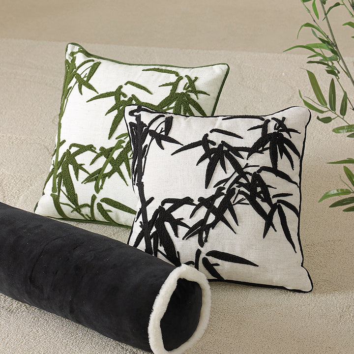 Square decorative cushion with hand-tufted bamboo relief and decorative piping