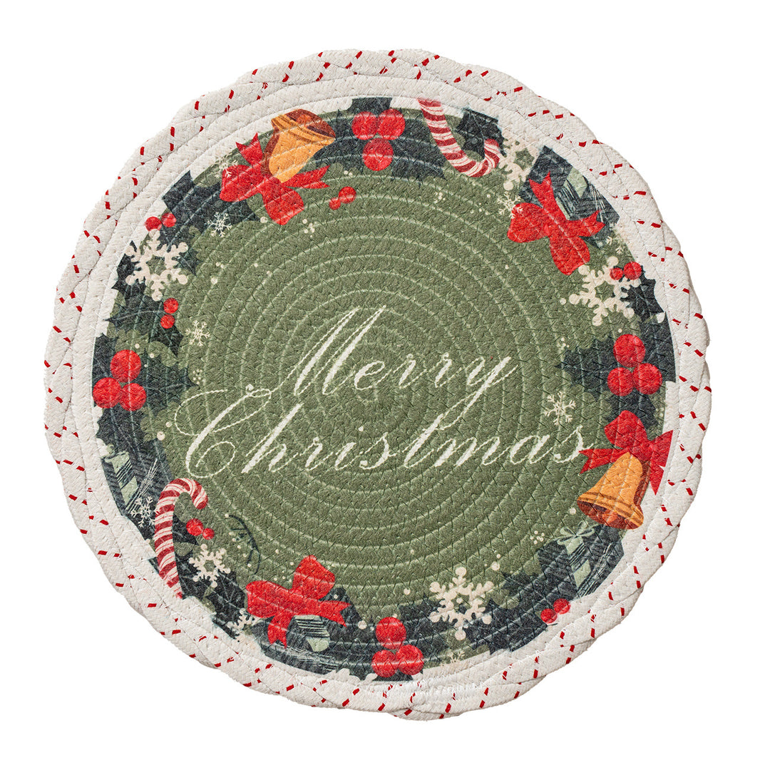 Round Christmas tree skirt made of woven cotton blend fabric with reindeer and pine branch motif