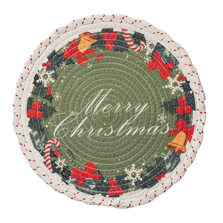 Round Christmas tree skirt made of woven cotton blend fabric with reindeer and pine branch motif