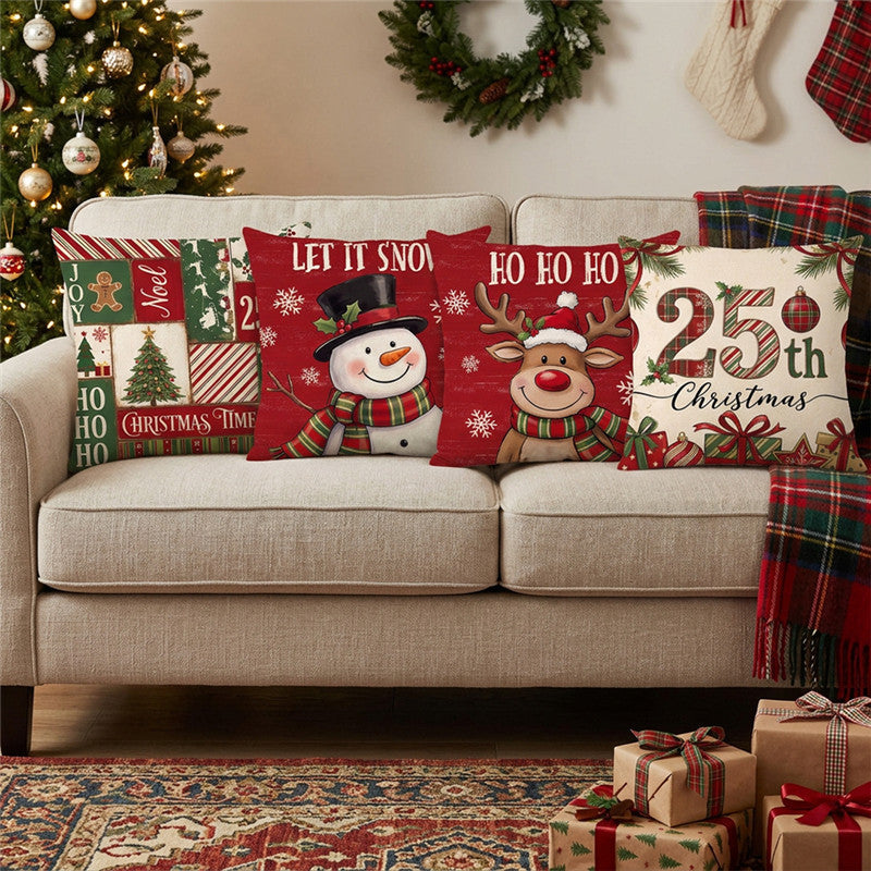 Festive Cotton-Linen Square Throw Pillow Cover with Holiday Plaid Numeral Graphic and Hidden Zipper