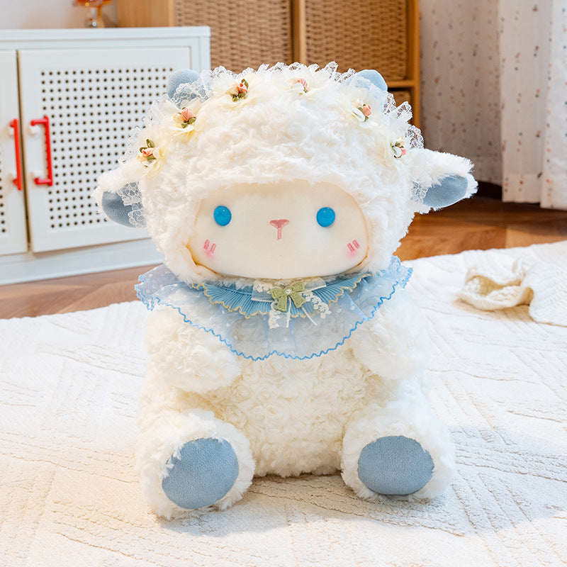Plush Lamb Sitting Collectible with Floral Lace Headband and Decorative Ruffle Collar Stornfield