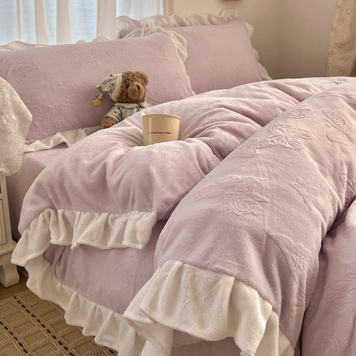 Plush Embossed Velvet-Feel Ruffled Duvet Cover Set with Frilled Pillow Shams