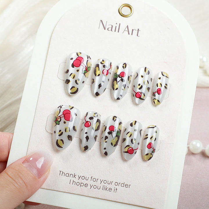 Artistic Cherry and Leopard Print Press-On Nail Art Set Stornfield