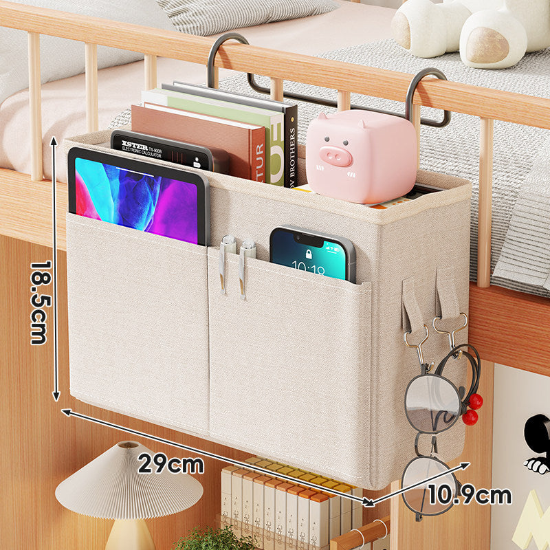 Over-Bed Rail Hanging Storage Organizer Caddy with Tablet Slot Dual Front Pockets and Accessory Hooks