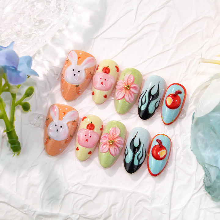 Whimsical Bunny and Floral Press-On Nail Art Set