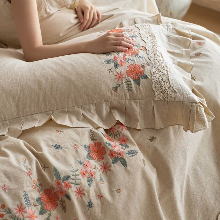 Embroidered Floral Ruffled Cotton Duvet Cover Set