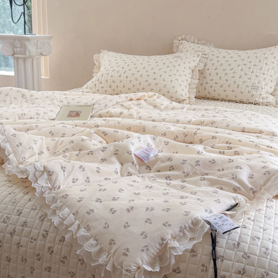 Quilted Floral Ruffled Bedding Set with Eyelet Lace Trim