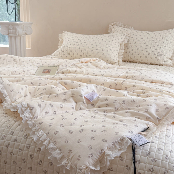Quilted Floral Ruffled Bedding Set with Eyelet Lace Trim