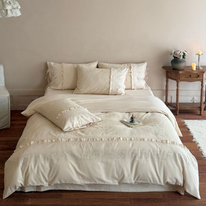 Ruffled Cotton Sateen Duvet Cover Set with Tied Pillow Shams