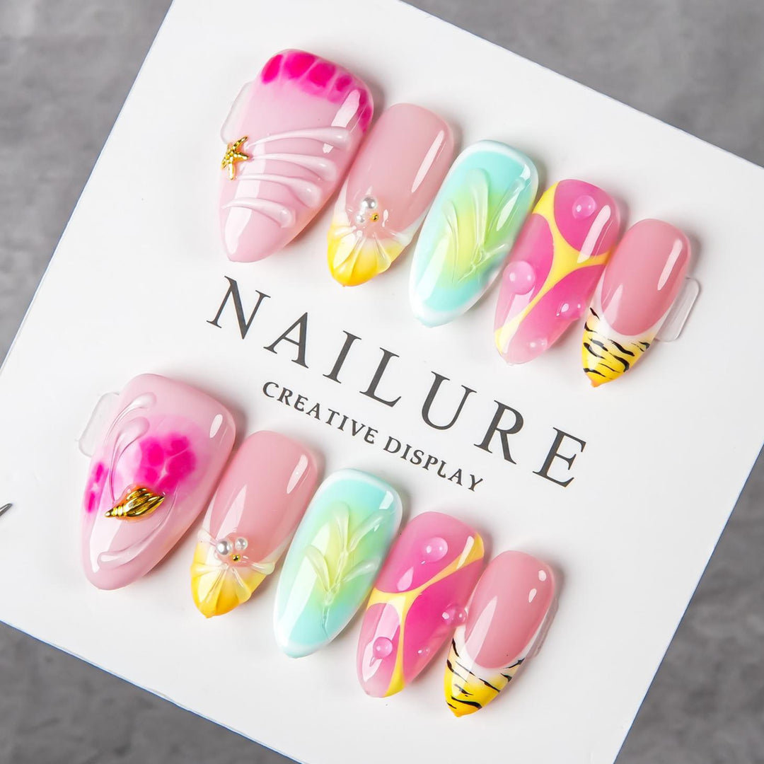 Artistic Press-On Nail Set with Floral and Graphic Designs