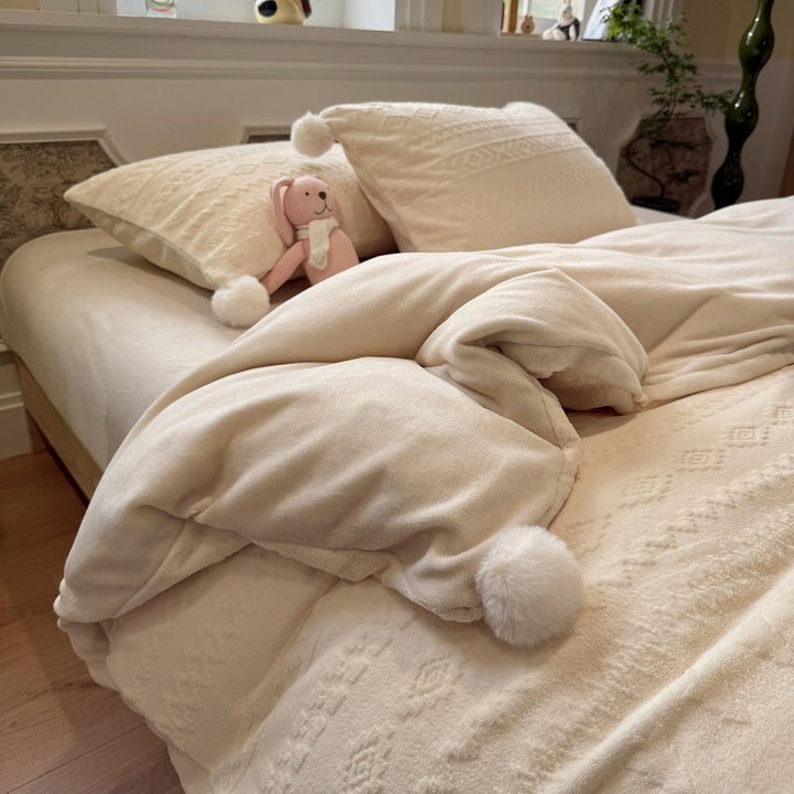 Plush Pom-Pom Microplush Comforter Set with Jacquard Snowflake Texture