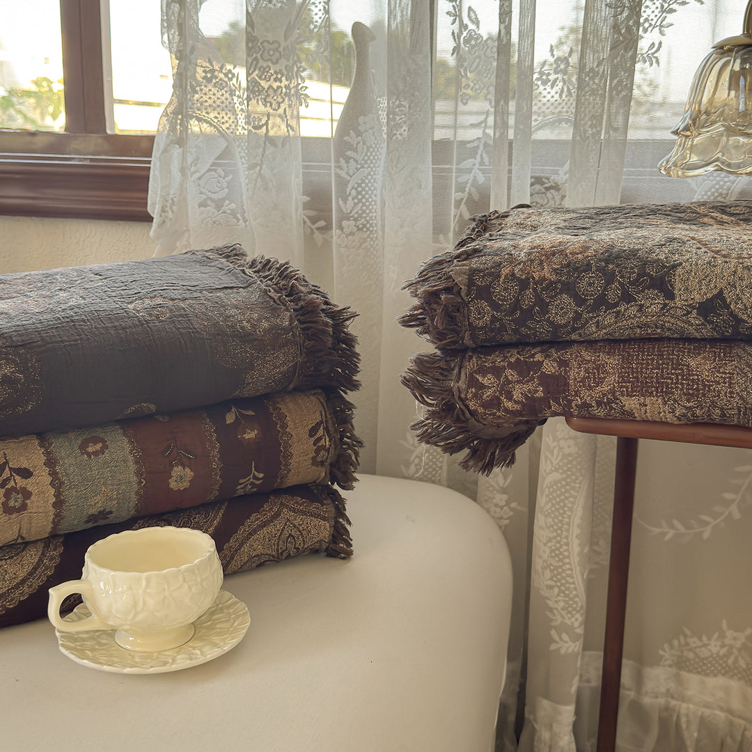 Woven Jacquard Patchwork Throw Blanket with Fringed Edges
