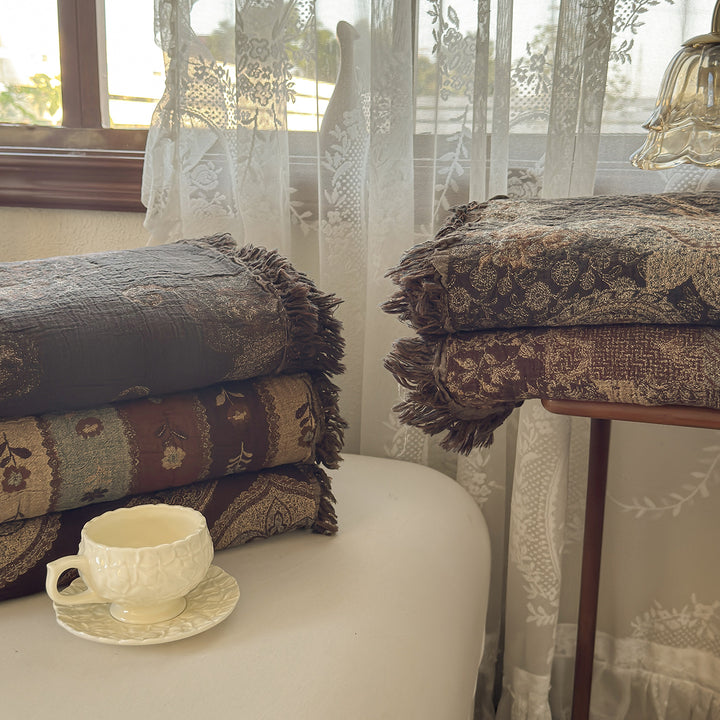 Woven Jacquard Patchwork Throw Blanket with Fringed Edges