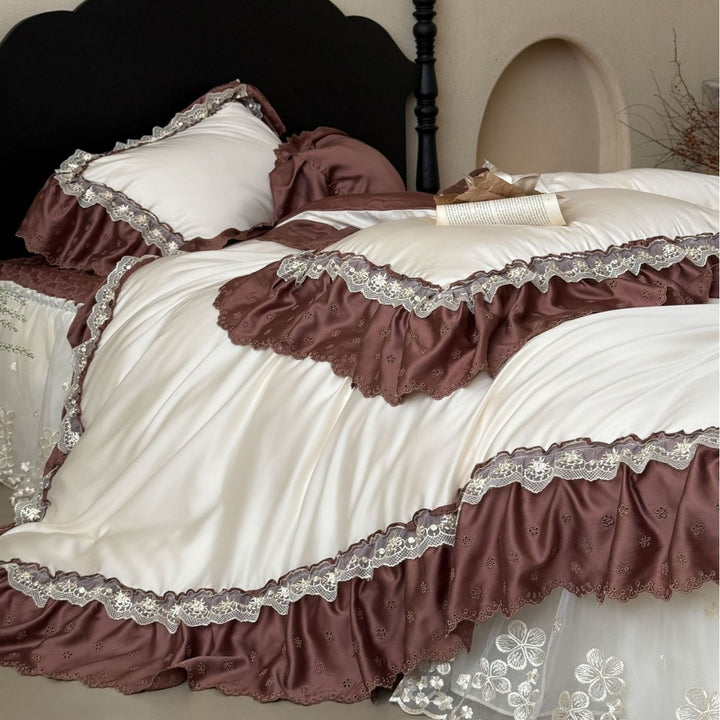 Luxurious satin-like duvet cover set with ruffles and lace trim