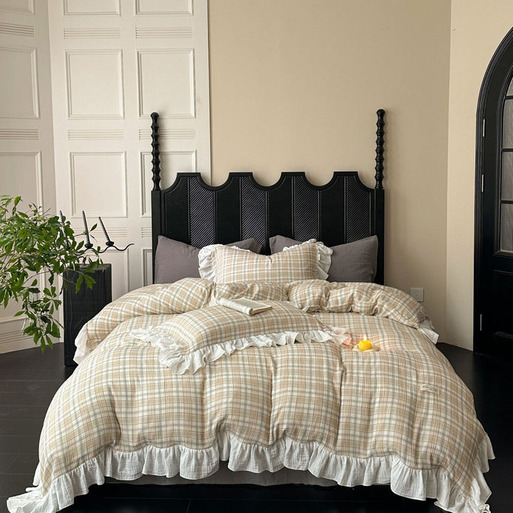 Crinkled Cotton Ruffled Duvet Cover Set with Floral Textured Finish & Frilled Shams