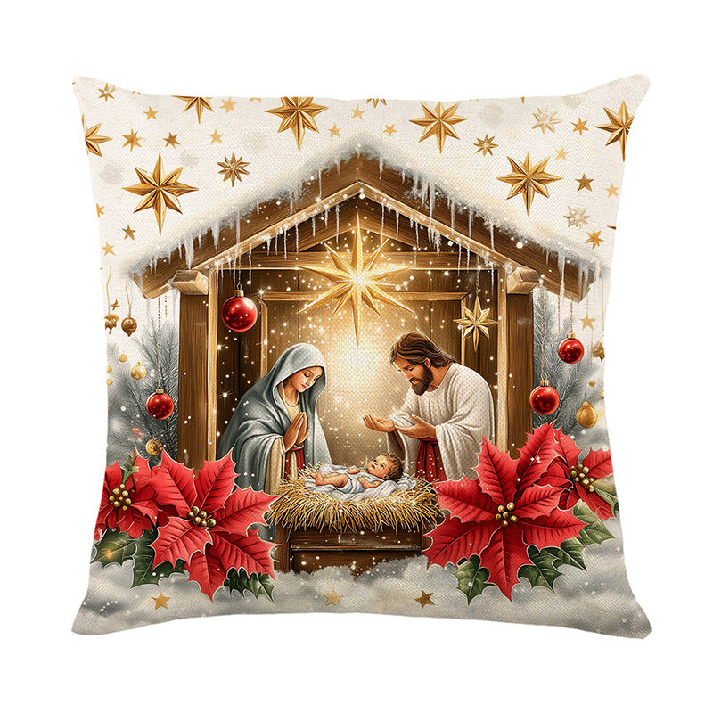 Holiday Nativity Manger Illustration Cotton-Linen Decorative Pillow Cover