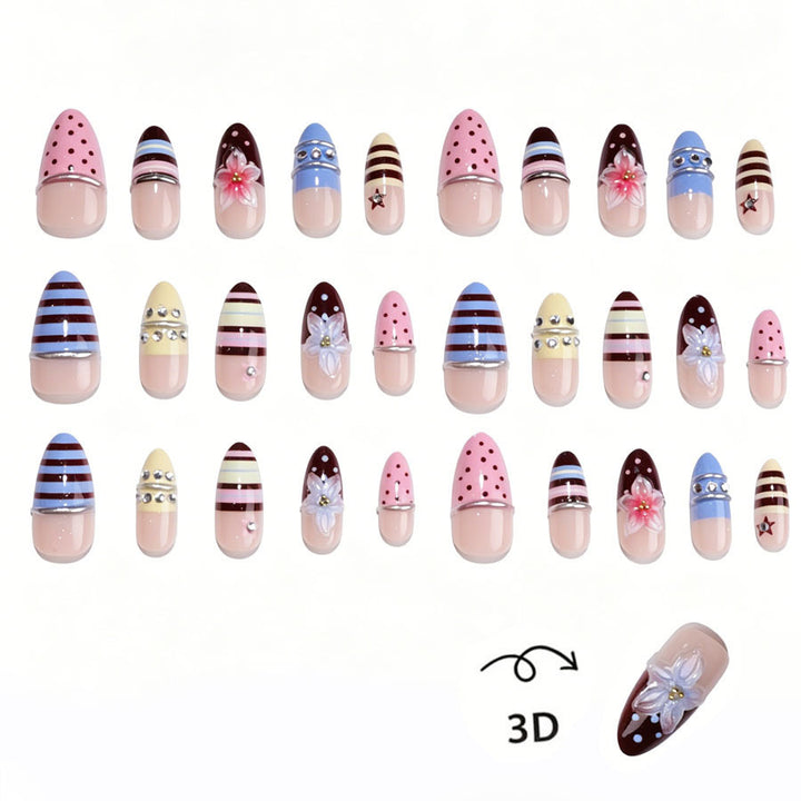 Creative nail art set with floral and striped accents Stornfield