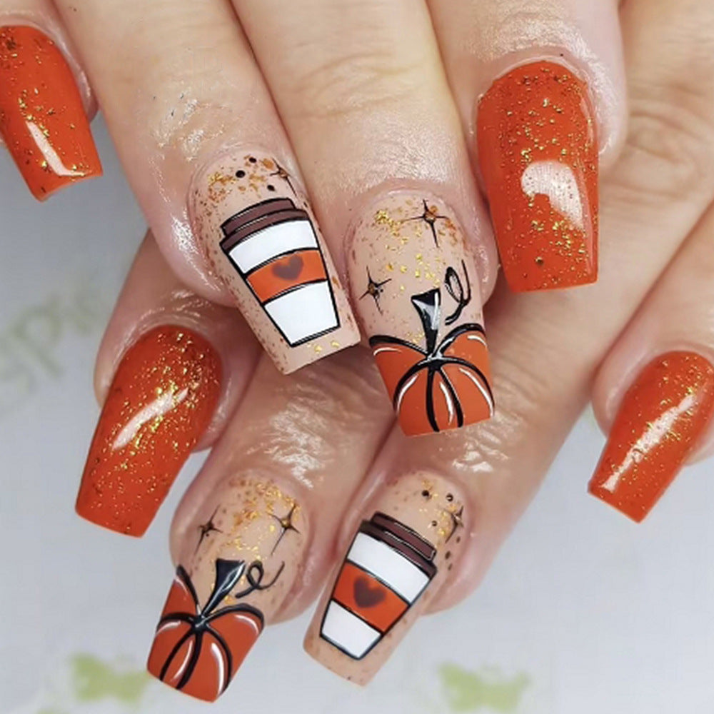 Seasonal Pumpkin-Themed Press-On Nail Art Design Stornfield