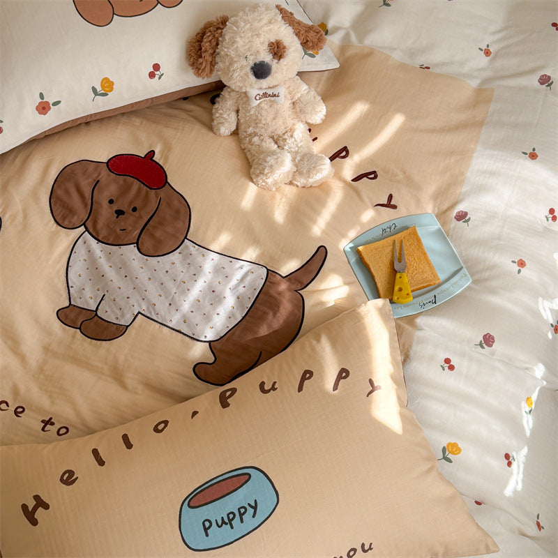 Cute Cartoon Puppy Cotton Duvet Cover Set with Pillow Shams and Reversible Floral Border