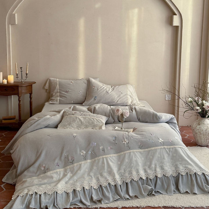 Embroidered Linen-Cotton Ruffled Duvet Cover Set with Lace Trim and Pillow Shams