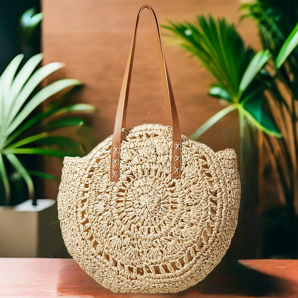 Handcrafted Round Straw Bag with Elegant Leather Handles Stornfield