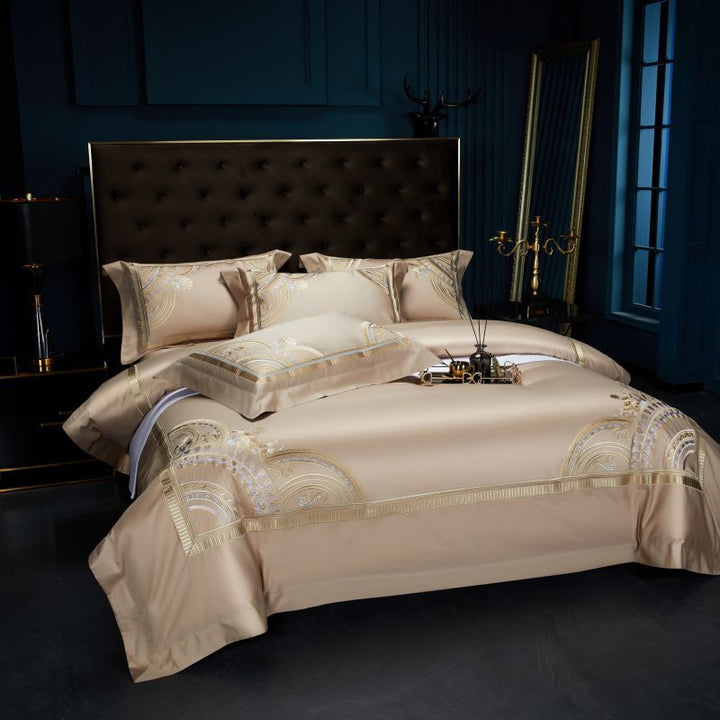 Luxury Egyptian Cotton Sateen Duvet Cover Set with Embroidered Baroque Medallion