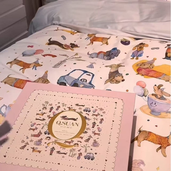 Reversible Cotton Sateen Duvet Cover Set with Romantic Watercolor Village Floral Print and Oxford Pillow Shams