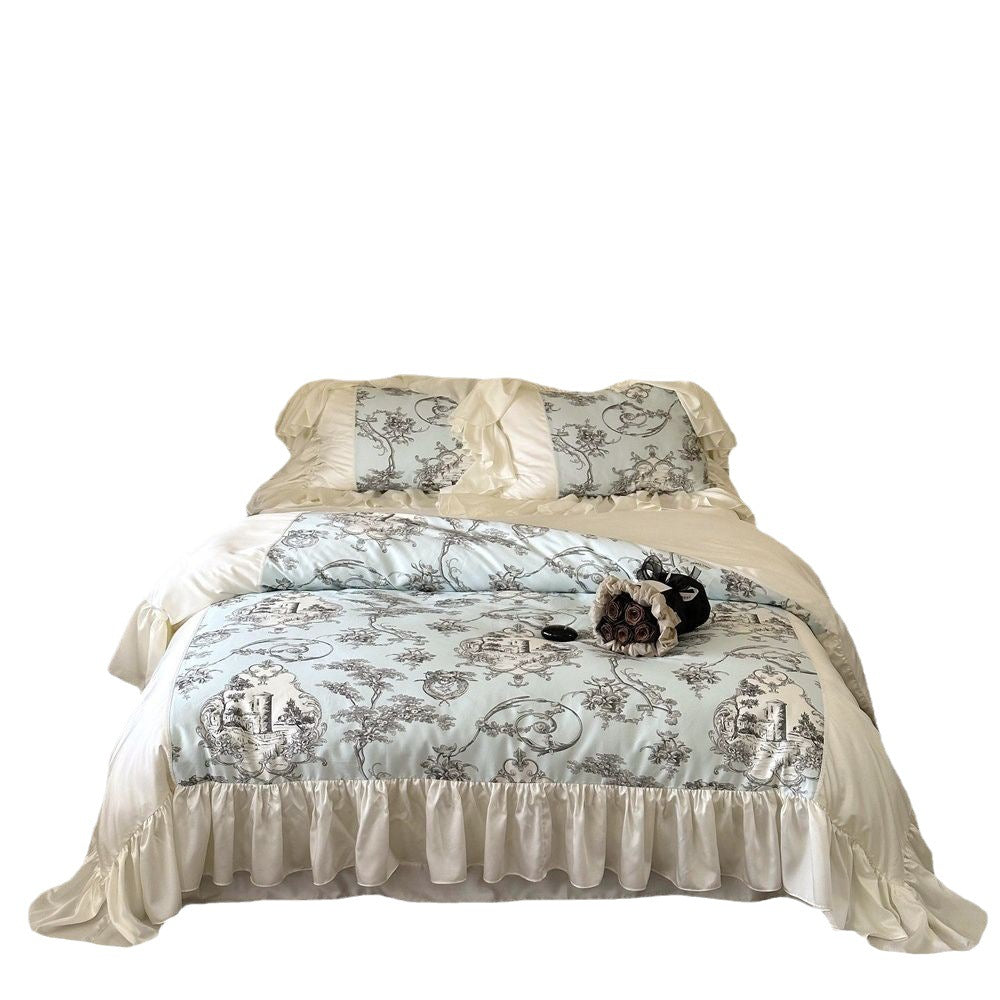 Romantic satin bedding set with ruffles, frills, and classic toile motif