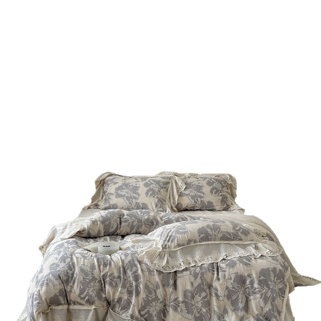 Vintage-Style Linen-Jacquard Duvet Cover Set with Lace-Trimmed Ruffled Shams