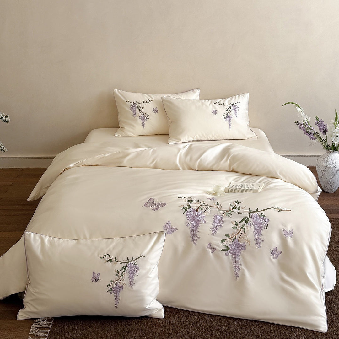 Luxurious satin bedding set with floral embroidery