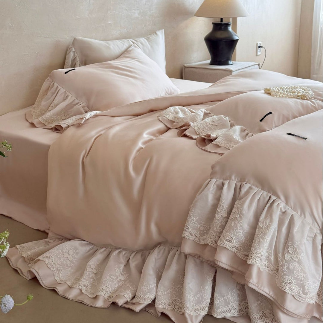 Extravagant satin duvet cover set with ruffled lace trim and silky smooth texture