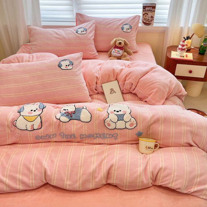Plush Embroidered Cat Stripe Comforter Bedding Set