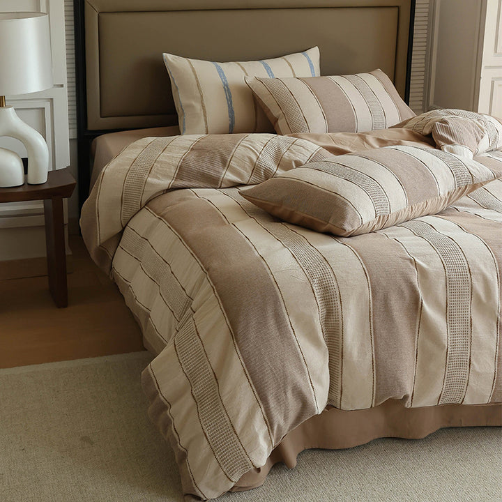 Striped Textured Cotton-Linen Duvet Cover Set with Decorative Euro Shams
