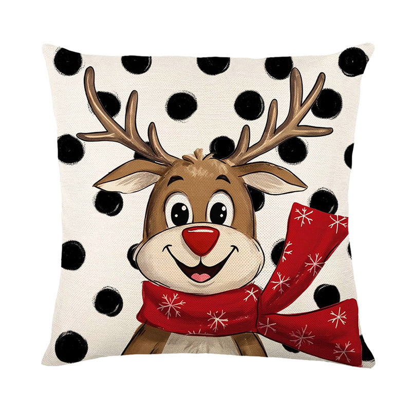 Square Cotton-Linen Decorative Throw Pillow Cover with Cartoon Reindeer and Polka Dot Print