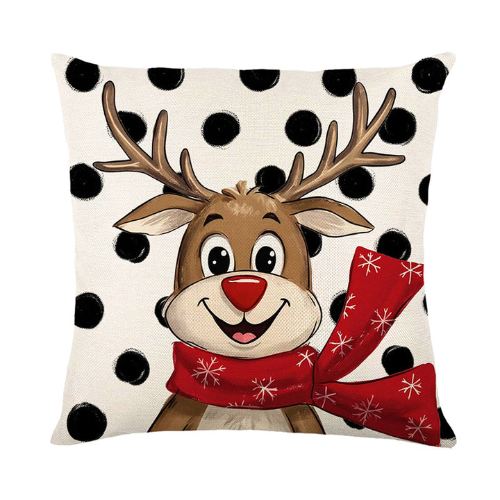 Square Cotton-Linen Decorative Throw Pillow Cover with Cartoon Reindeer and Polka Dot Print