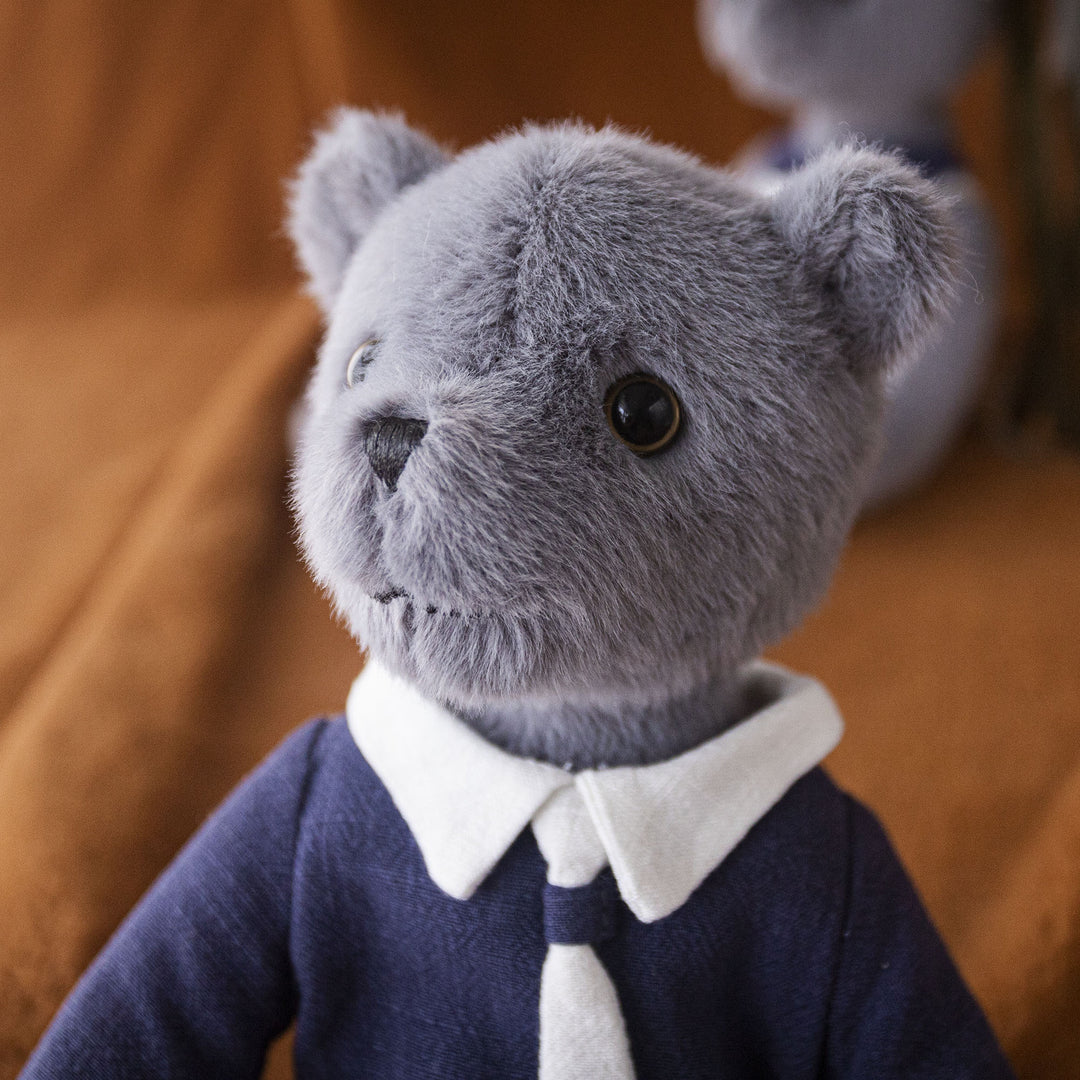 Plush Teddy Bear with Linen Dress and Peter Pan Collar