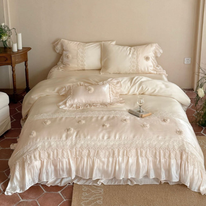 Lace-Trimmed Satin Ruffled Duvet Cover Set with Rosette Pillow Shams