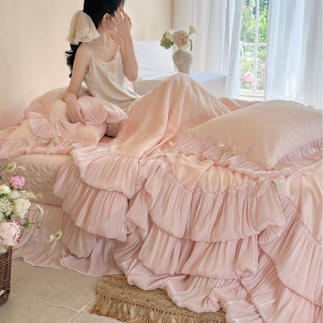 Ruffled Layered Satin Bedspread and Pillow Sham Set with Frilled Edges