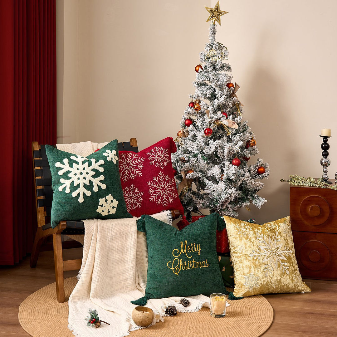 Square Velvet Embroidered Snowflake Pillow Cover with Corner Tassels