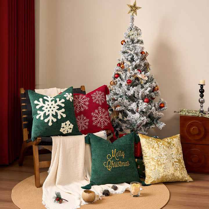 Square Velvet Embroidered Snowflake Pillow Cover with Corner Tassels