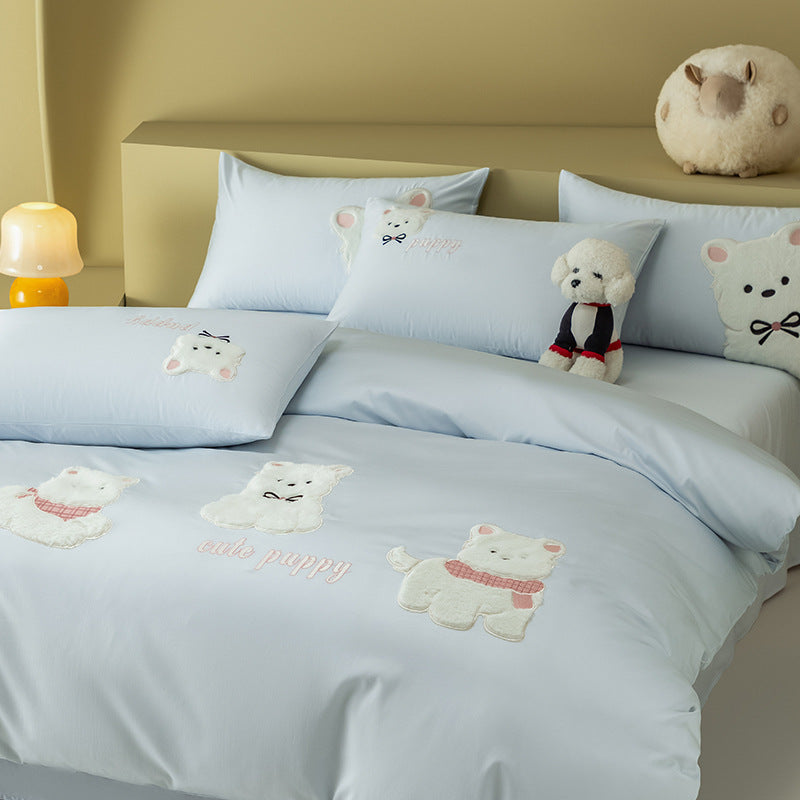 Children's duvet cover set made of cotton satin with embroidered plush puppy appliqués
