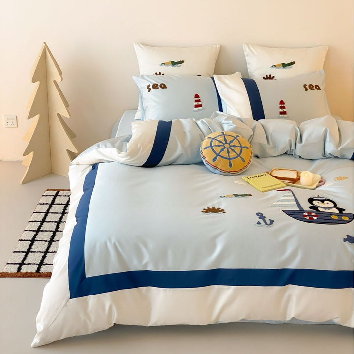 Children's Nautical Embroidered Cotton Duvet Cover Set